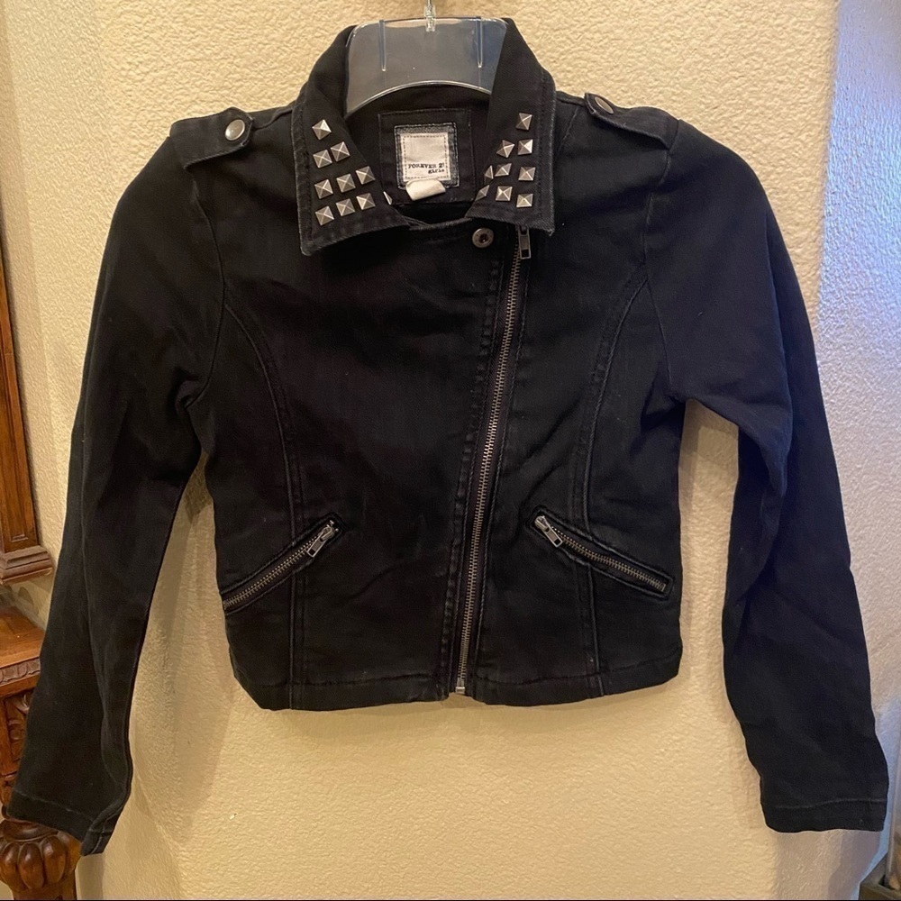 FOREVER 21 Girls Black Denim Studded Moto Jacket-M